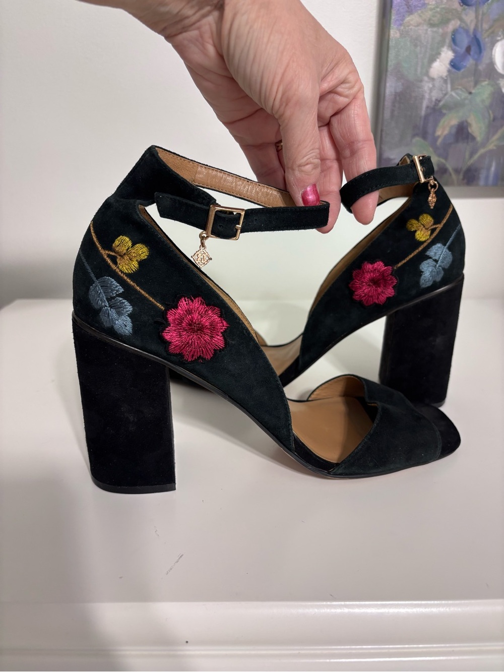 Nanette Lepore Martina Size 10 Black Floral Embroidery Mary Jane Block 4” Heels - Picture 4 of 11